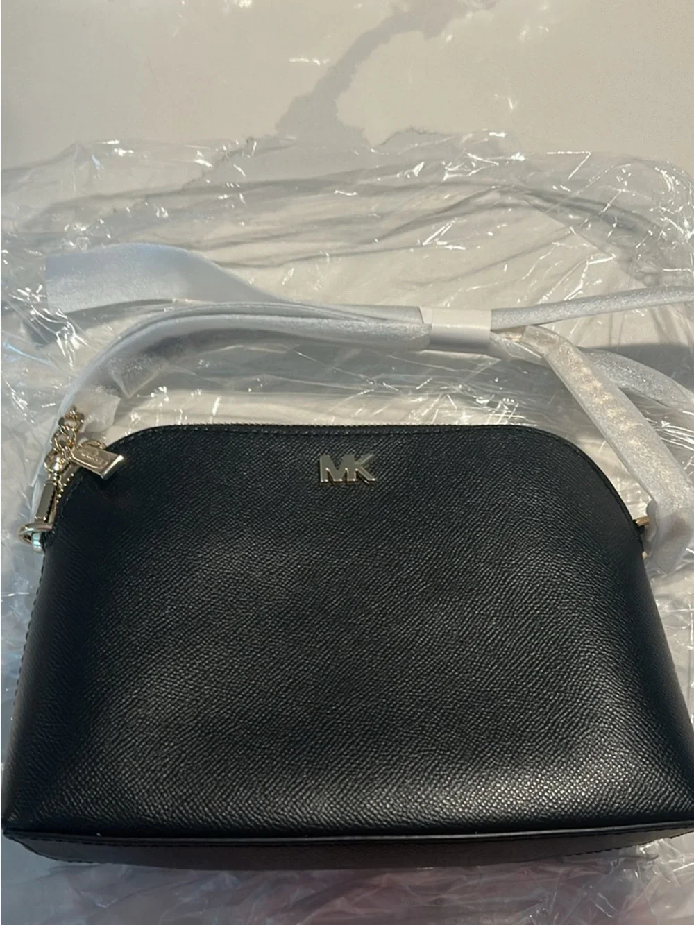 MICHAEL KORS Black Saffiano Leather Dome Crossbody with Gold Hardware